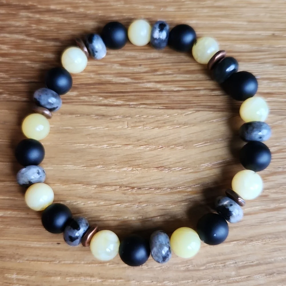 Yellow Opal, Black Onyx & Gray Larvikite Beads Stretch Bracelet, Hand Crafted - Picture 9 of 11